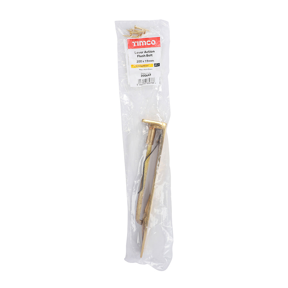 TIMCO Lever Action Flush Bolt Polished Brass - 200 x 19mm - Image