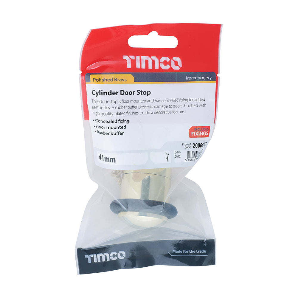 TIMCO Cylinder Door Stop Polished Brass - 41mm - Image