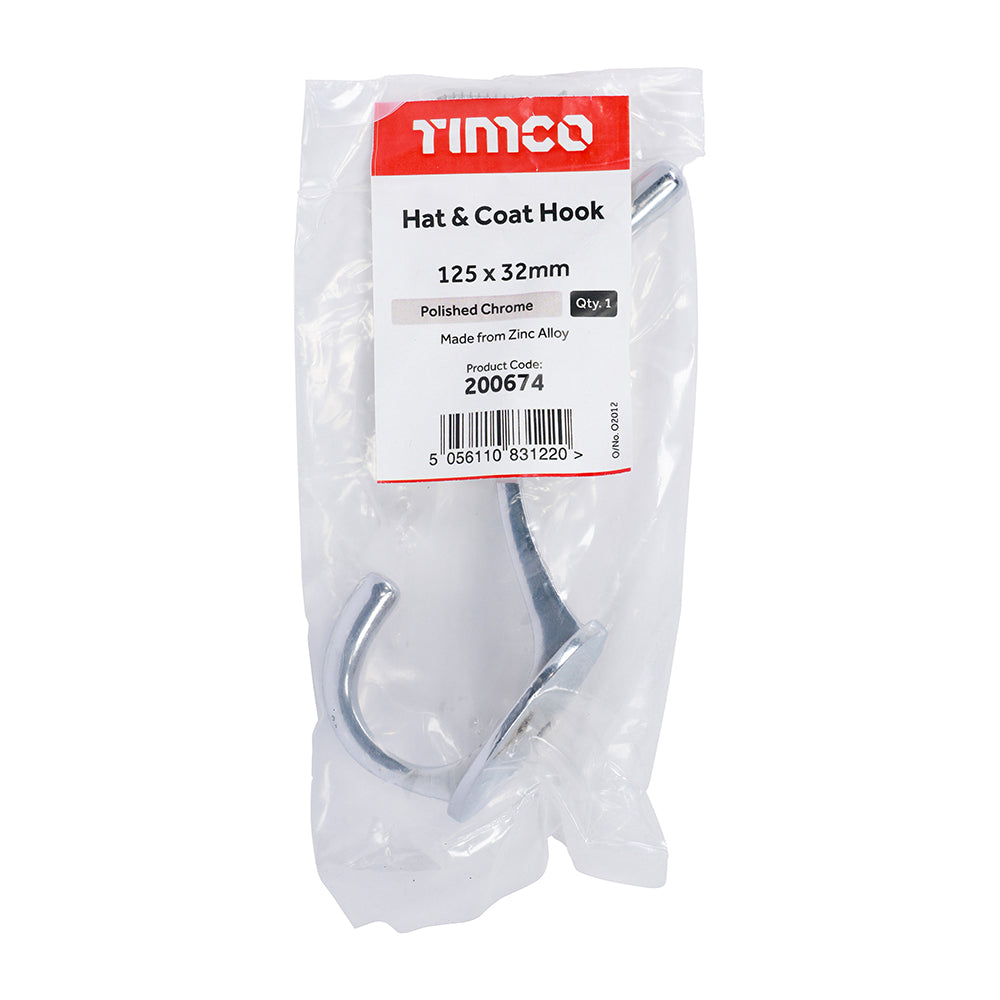 TIMCO Hat & Coat Hook Polished Chrome - 125 x 32mm - Image