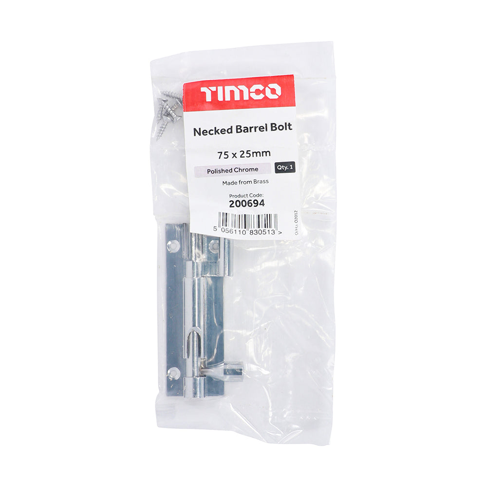 TIMCO Necked Barrel Bolt Polished Chrome - 75 x 25mm - Image