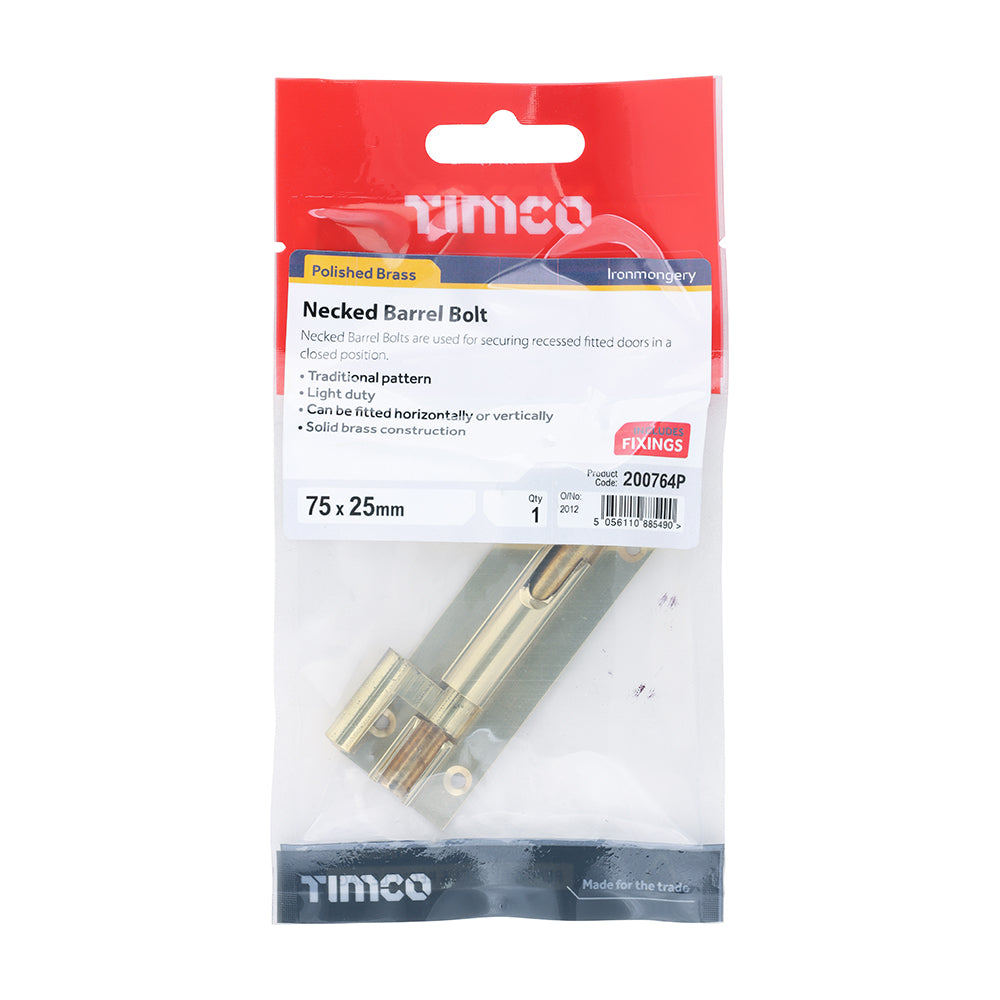 TIMCO Necked Barrel Bolt Polished Brass - 75 x 25mm - Image