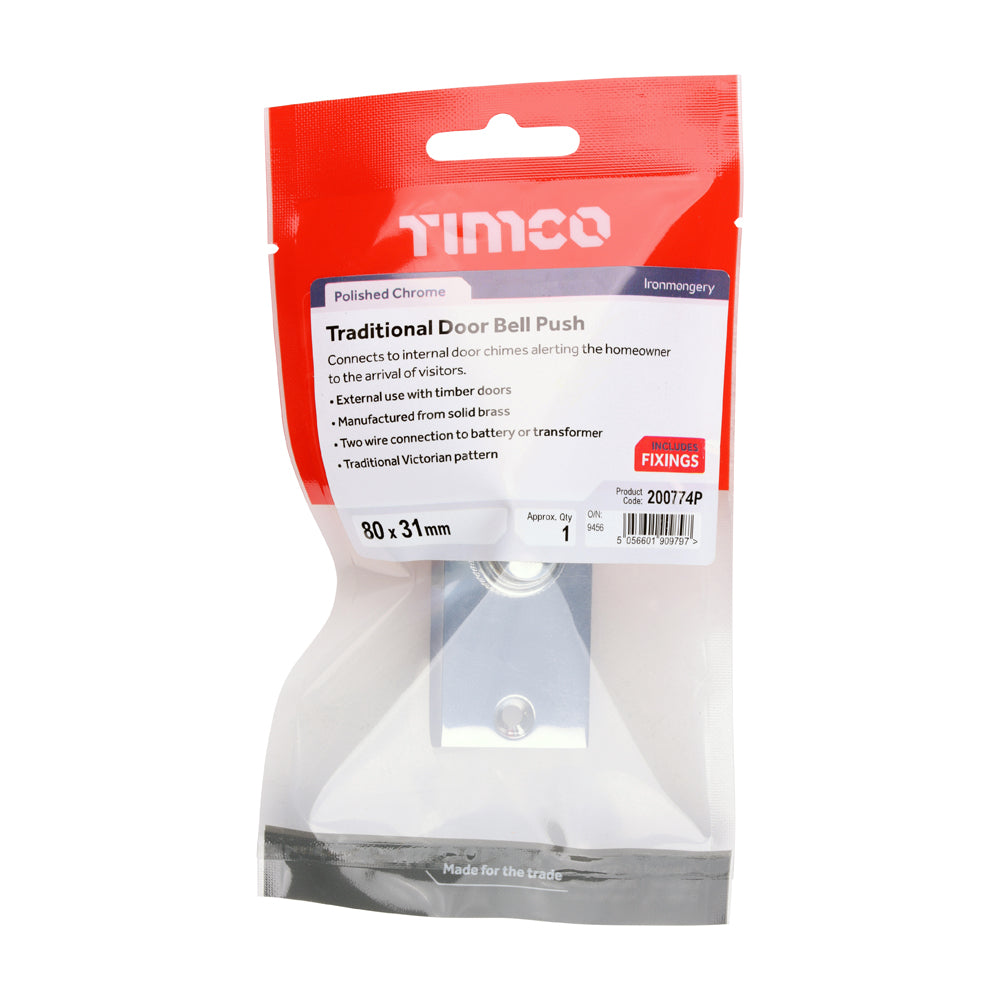 TIMCO Traditional Door Bell Push - Polished Chrome - 80 x 31mm - Image