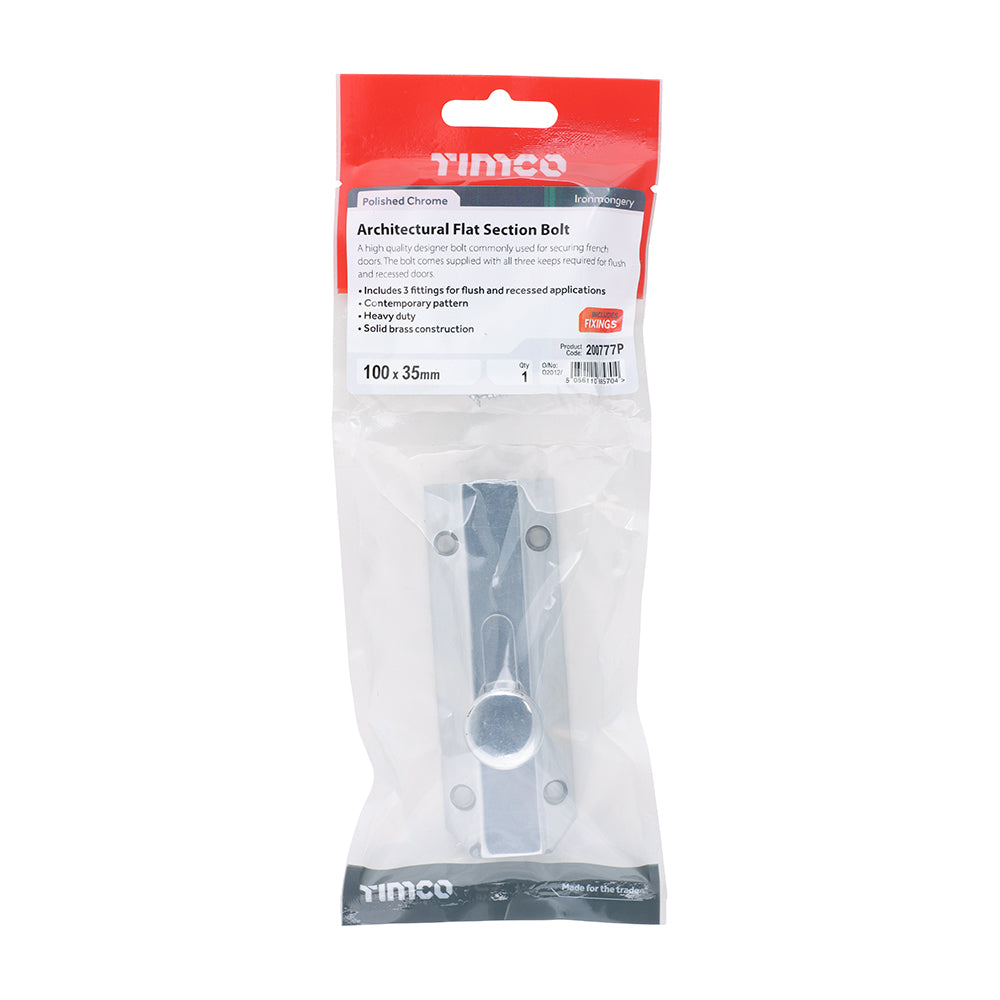 TIMCO Architectural Flat Section Bolt Polished Chrome - 100 x 35mm - Image