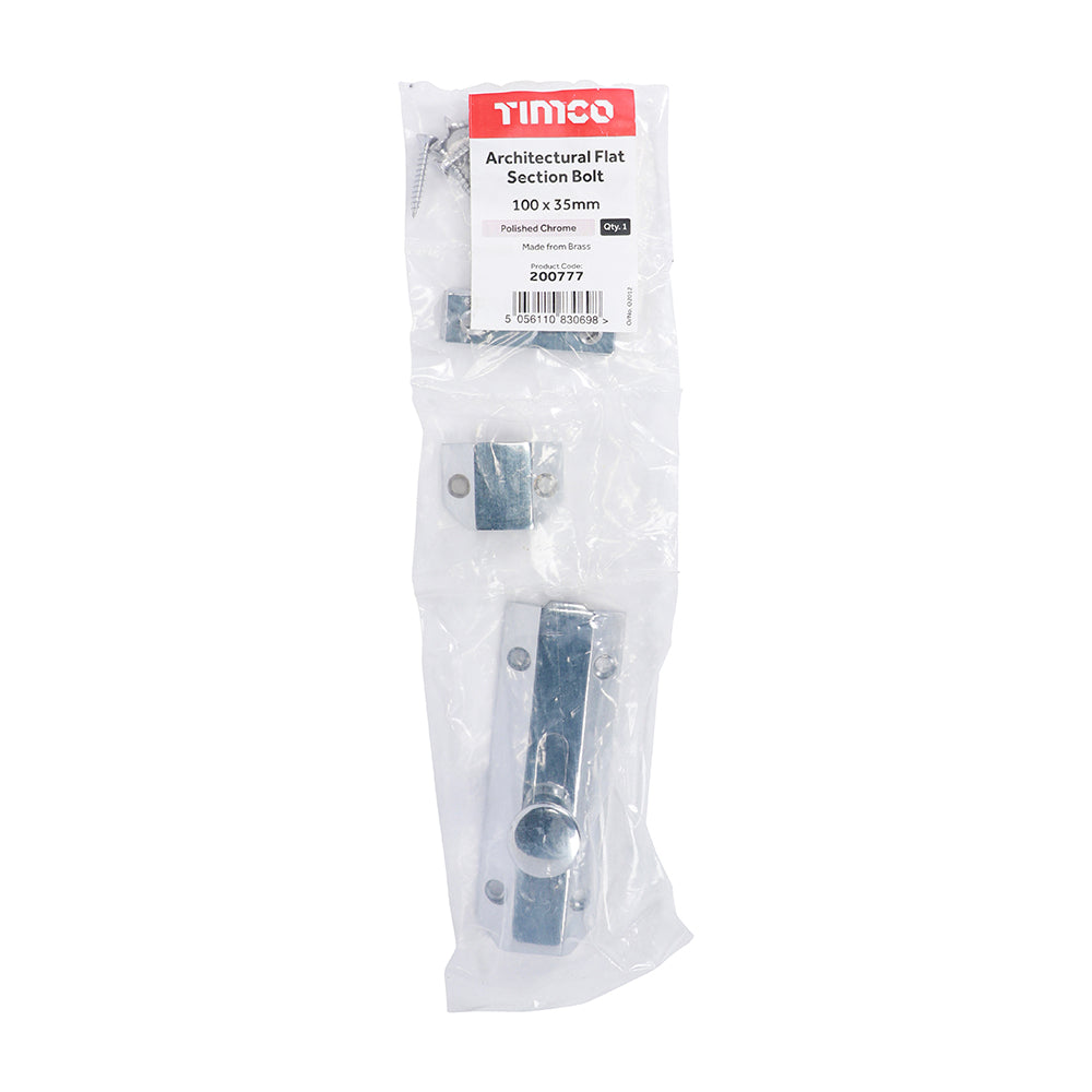 TIMCO Architectural Flat Section Bolt Polished Chrome - 100 x 35mm - Image