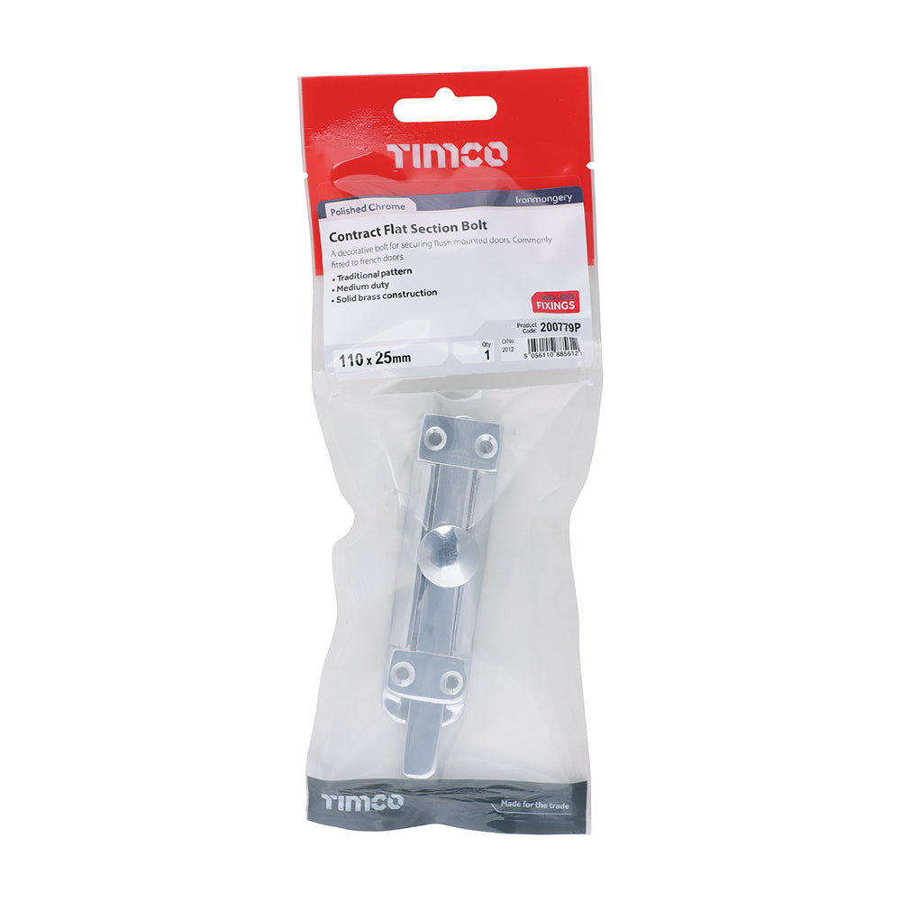 TIMCO Contract Flat Section Bolt Polished Chrome - 110 x 25mm - Image