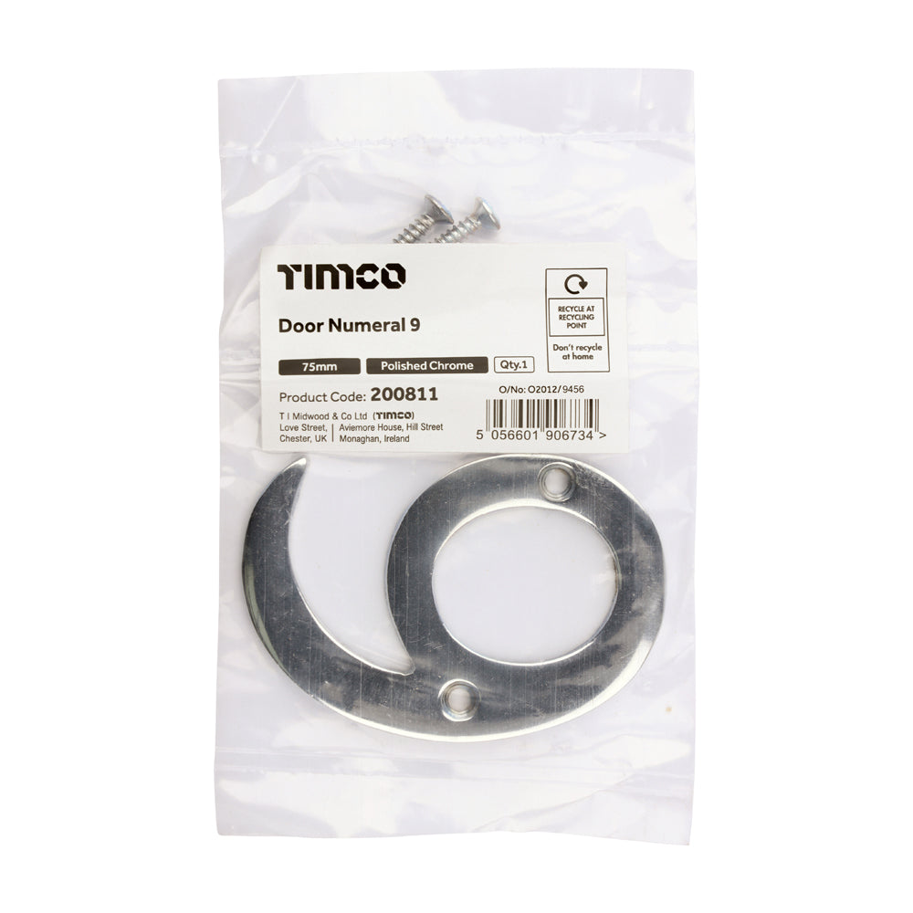 TIMCO Door Numeral 9 - Polished Chrome - 75mm - Image