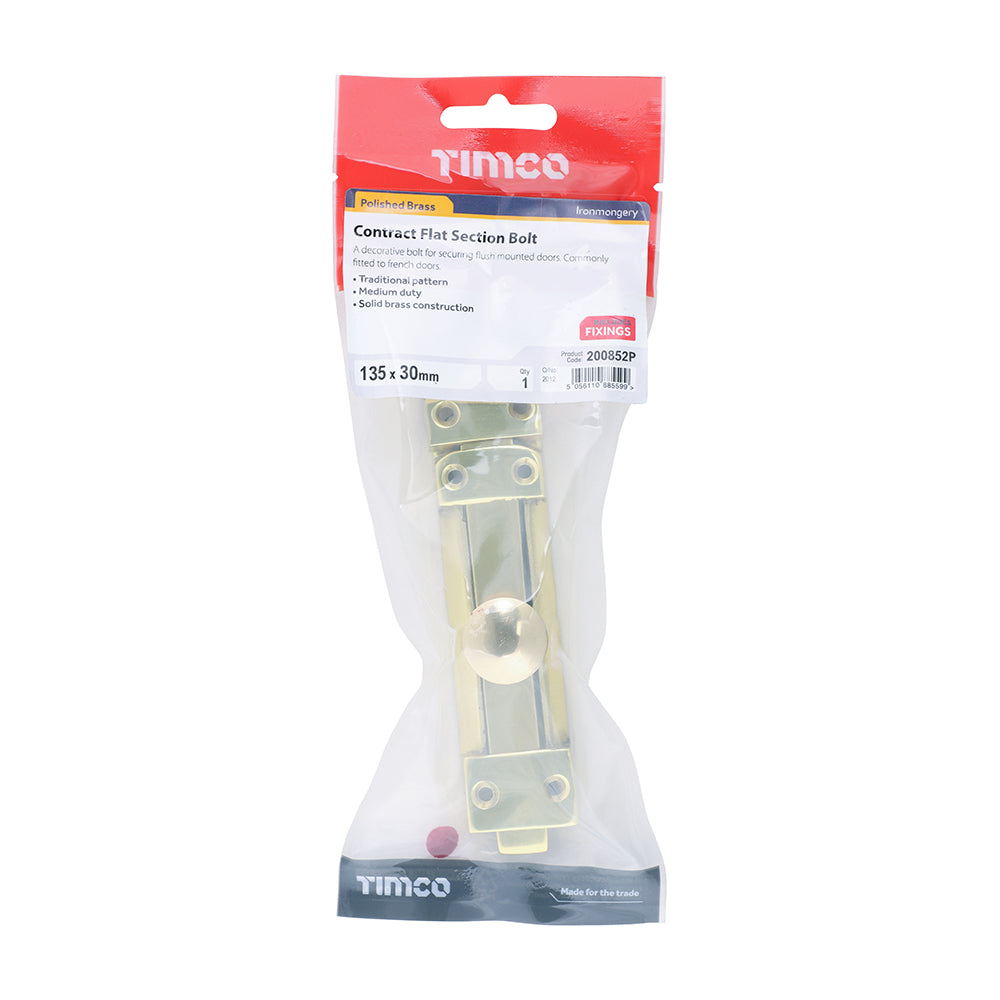 TIMCO Contract Flat Section Bolt Polished Brass - 135 x 30mm - Image