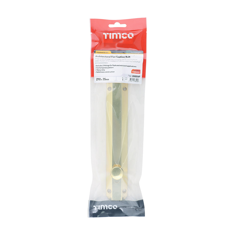 TIMCO Architectural Flat Section Bolt Polished Brass - 210 x 35mm - Image