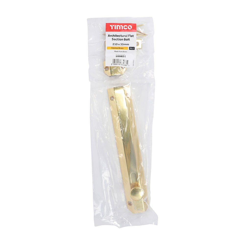TIMCO Architectural Flat Section Bolt Polished Brass - 210 x 35mm - Image