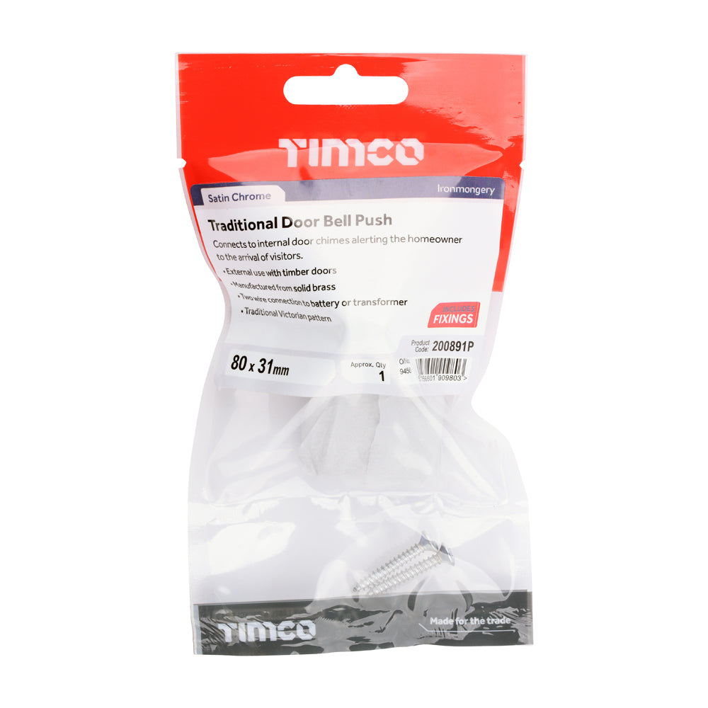 TIMCO Traditional Door Bell Push - Satin Chrome - 80 x 31mm - Image