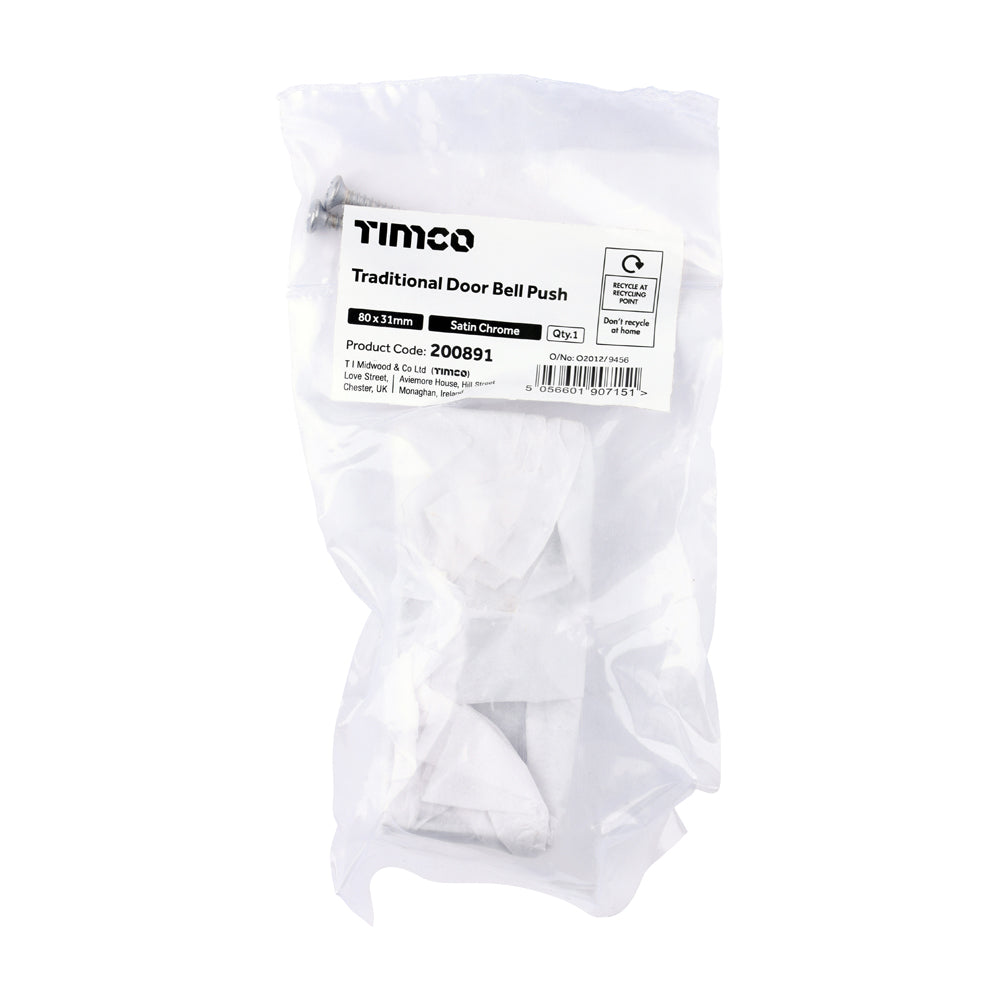 TIMCO Traditional Door Bell Push - Satin Chrome - 80 x 31mm - Image