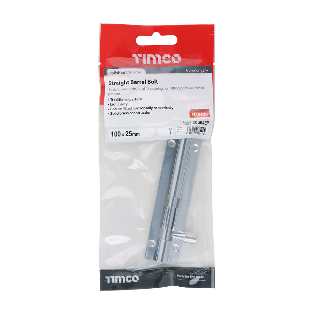 TIMCO Straight Barrel Bolt Polished Chrome - 100 x 25mm - Image