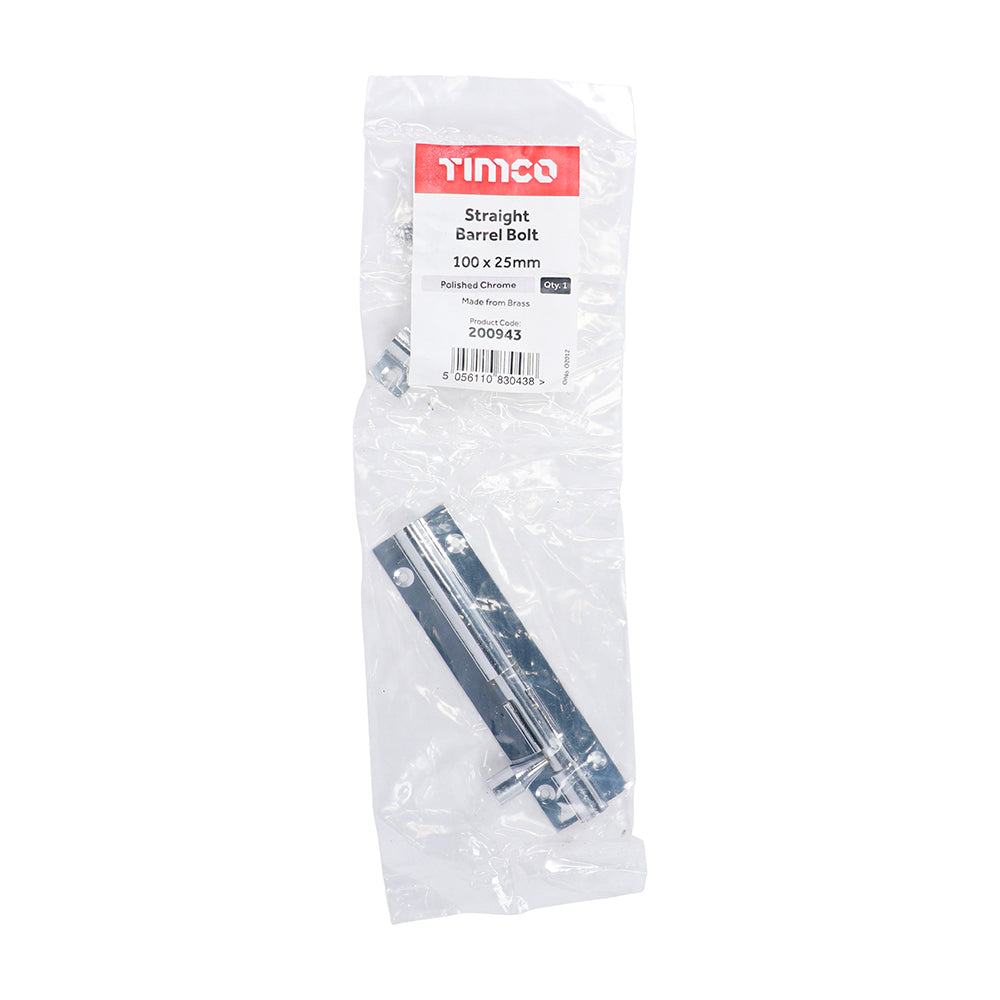 TIMCO Straight Barrel Bolt Polished Chrome - 100 x 25mm - Image