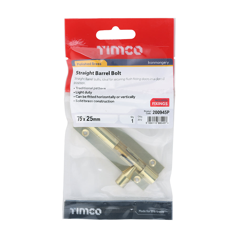 TIMCO Straight Barrel Bolt Polished Brass - 75 x 25mm - Image