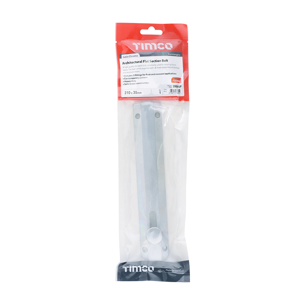 TIMCO Architectural Flat Section Bolt Satin Chrome - 210 x 35mm - Image