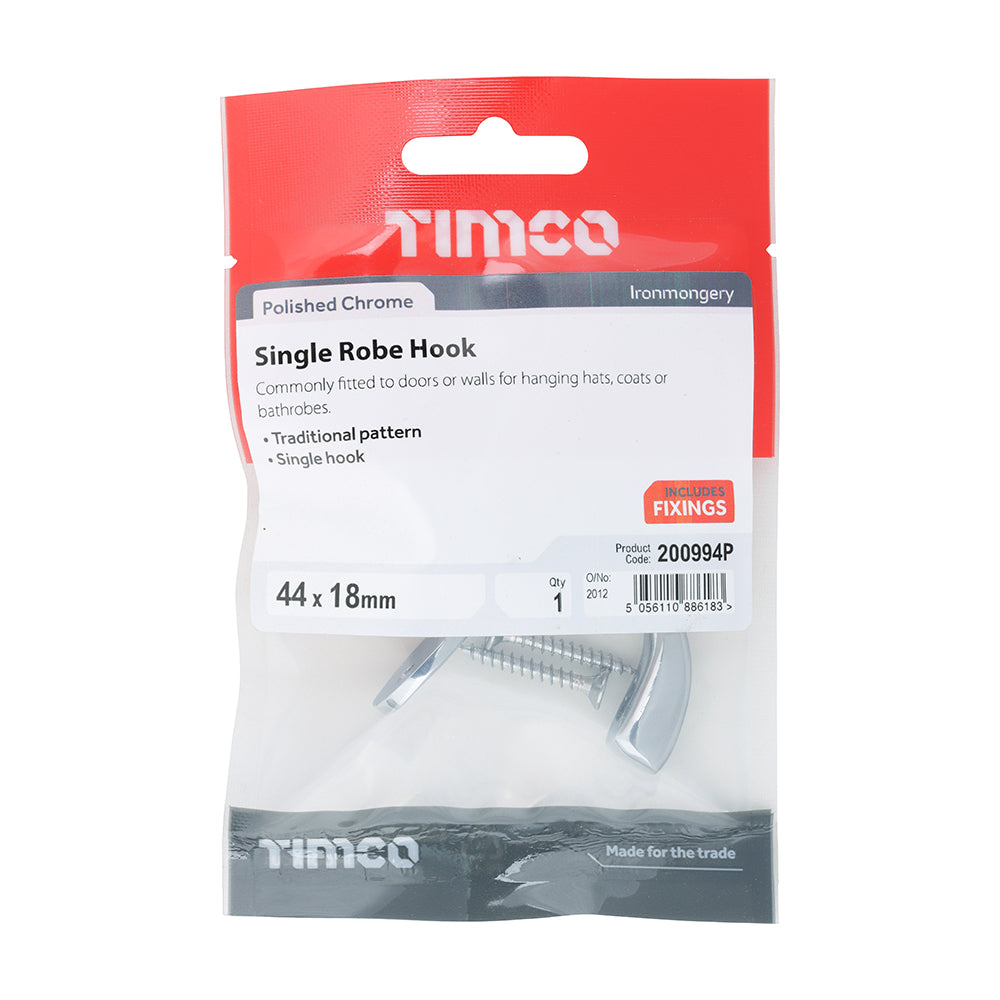 TIMCO Single Robe Hook Polished Chrome - 44 x 18mm - Image
