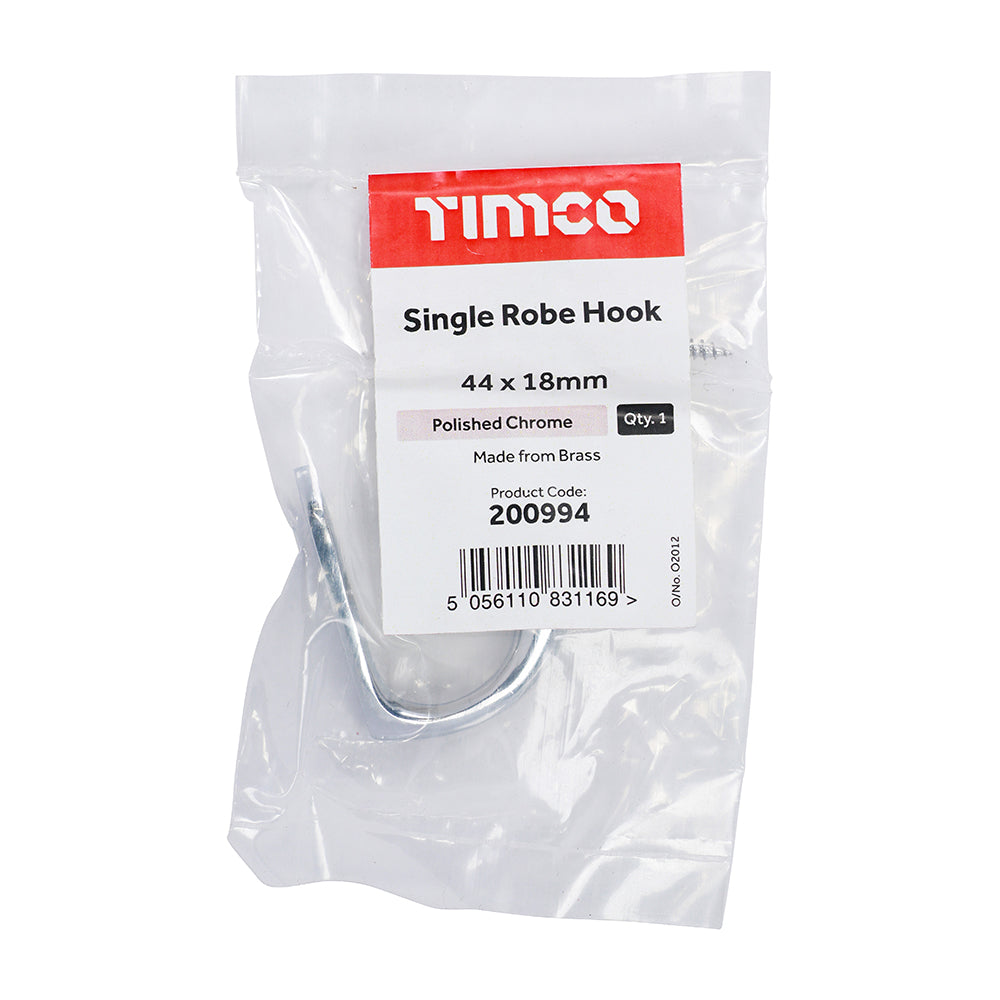 TIMCO Single Robe Hook Polished Chrome - 44 x 18mm - Image