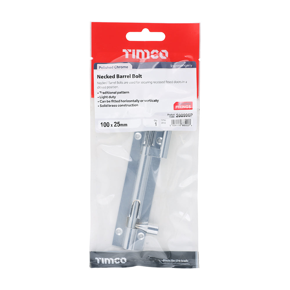 TIMCO Necked Barrel Bolt Polished Chrome - 100 x 25mm - Image