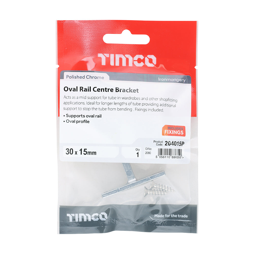 TIMCO Centre Bracket For Oval Tube Polished Chrome - 30 x 15 - Image