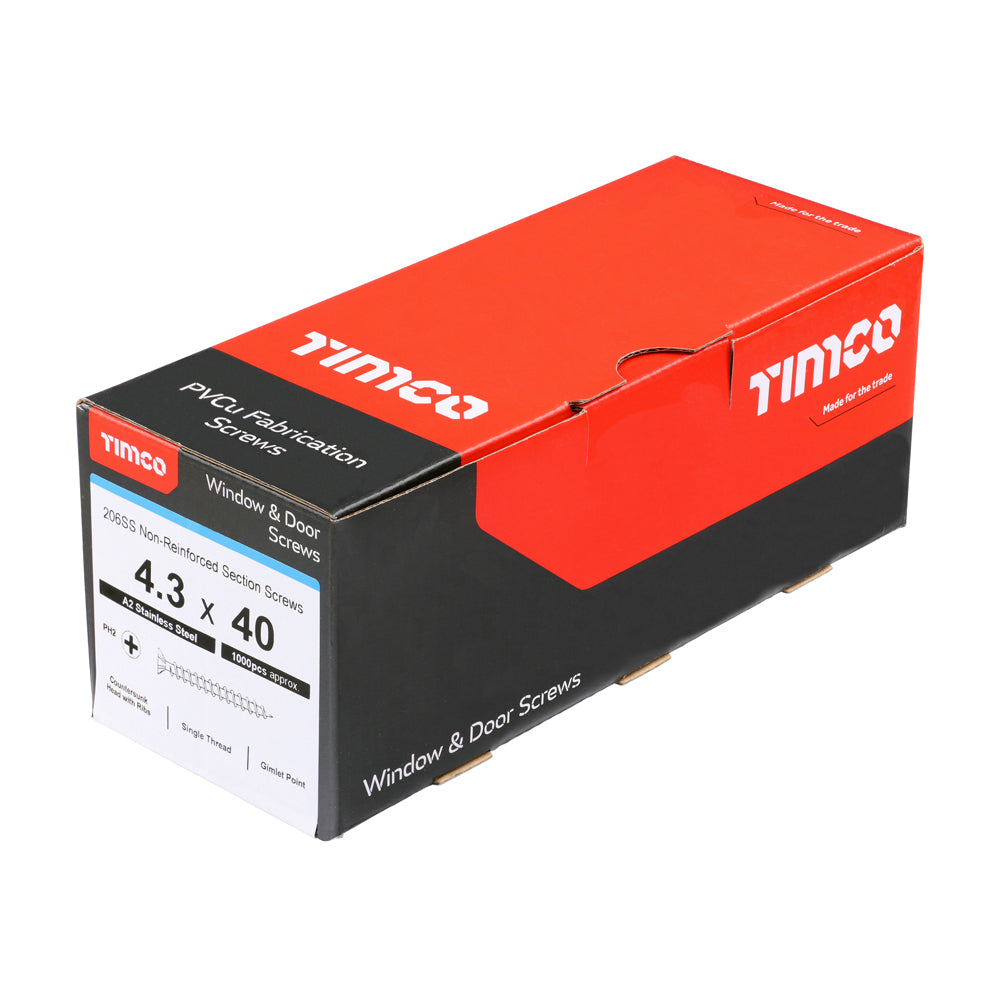 TIMCO Window Fabrication Screws Countersunk with Ribs PH Single Thread Gimlet Tip Stainless Steel - 4.3 x 40 - Image