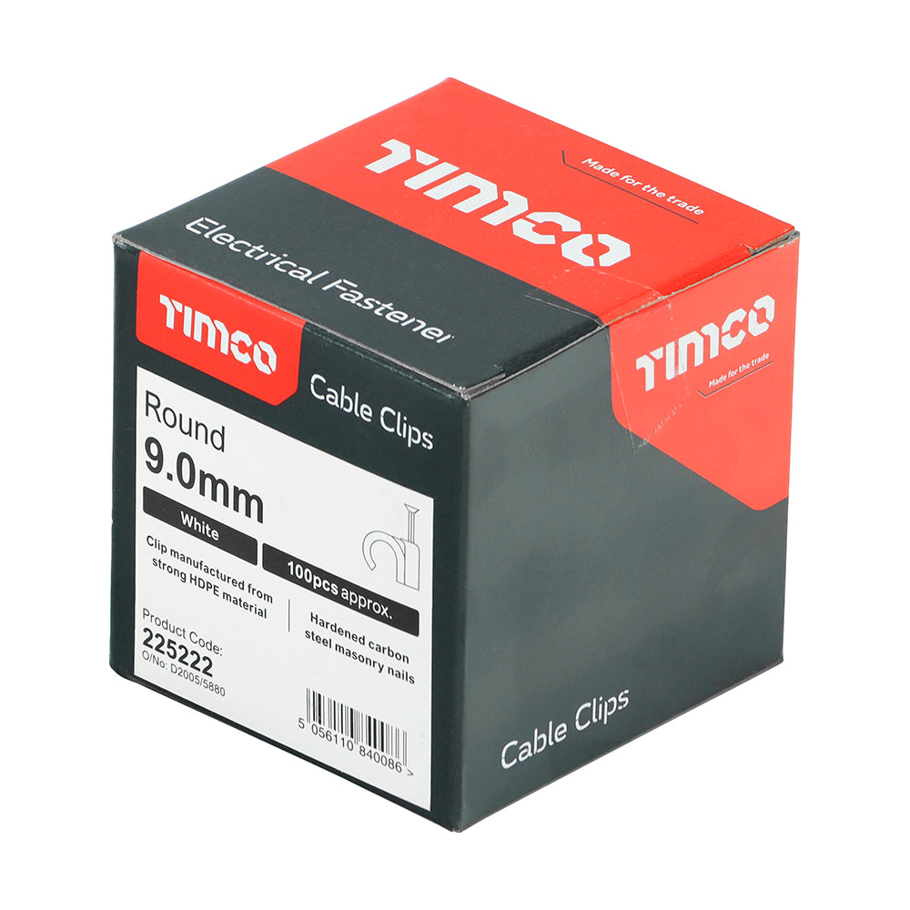 TIMCO Round Cable Clips White - To fit 9.0mm - Image