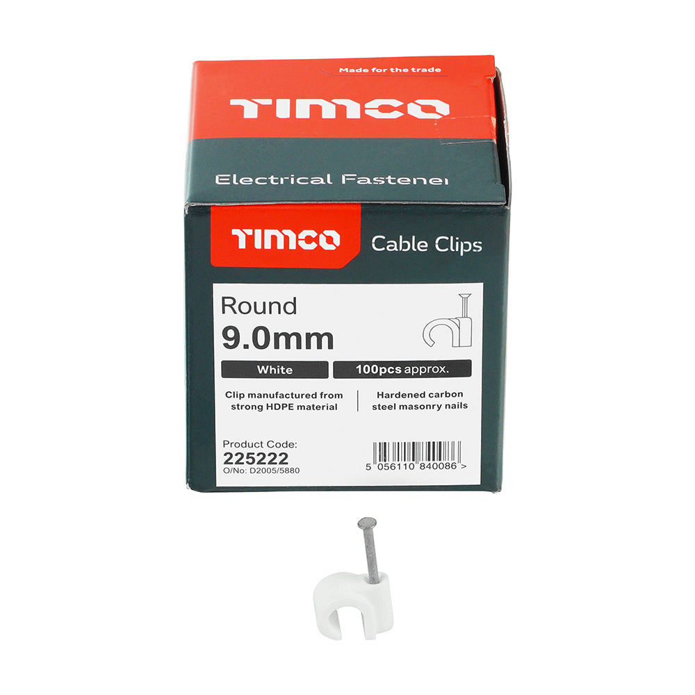 TIMCO Round Cable Clips White - To fit 9.0mm - Image