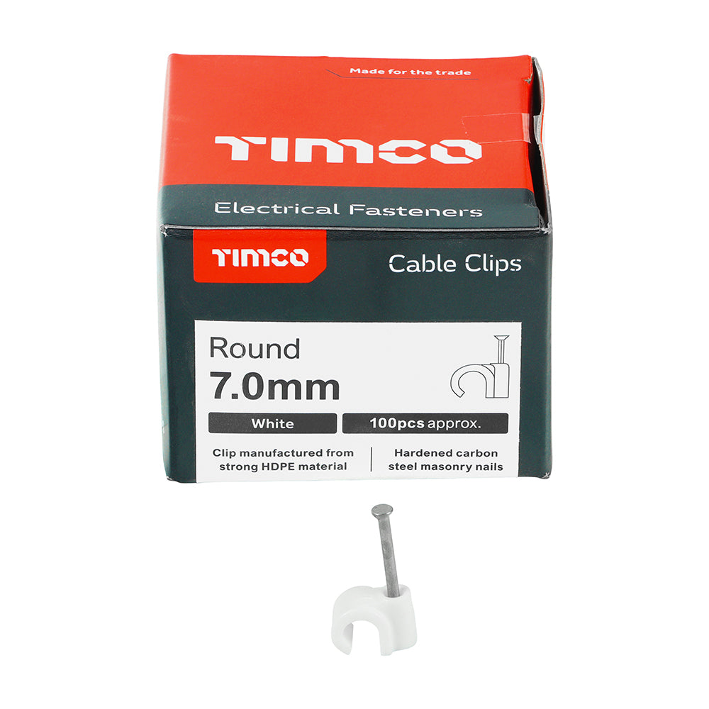 TIMCO Round Cable Clips White - To fit 7.0mm - Image