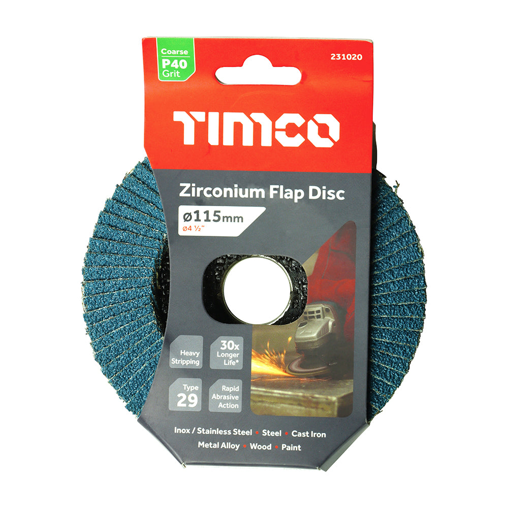 TIMCO Flap Disc Zirconium Type 29 Conical P40 Grit - 115 x 22.23 - Image