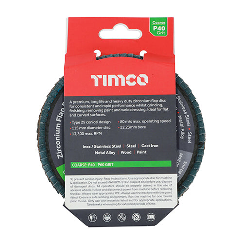 TIMCO Flap Disc Zirconium Type 29 Conical P40 Grit - 115 x 22.23 - Image