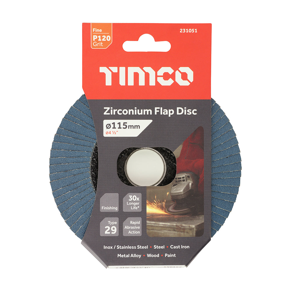 TIMCO Flap Disc Zirconium Type 29 Conical P120 Grit - 115 x 22.23 - Image