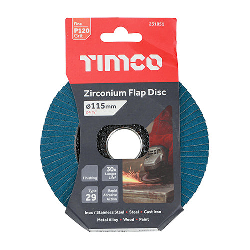 TIMCO Flap Disc Zirconium Type 29 Conical P120 Grit - 115 x 22.23 - Image