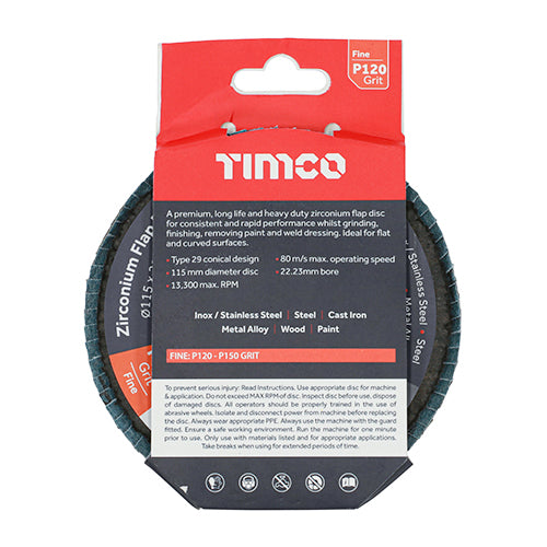 TIMCO Flap Disc Zirconium Type 29 Conical P120 Grit - 115 x 22.23 - Image