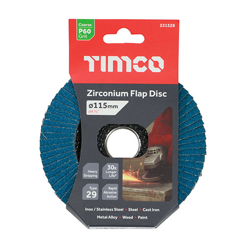 TIMCO Flap Disc Zirconium Type 29 Conical P60 Grit - 115 x 22.23 - Image