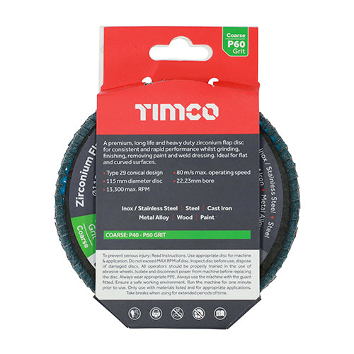 TIMCO Flap Disc Zirconium Type 29 Conical P60 Grit - 115 x 22.23 - Image