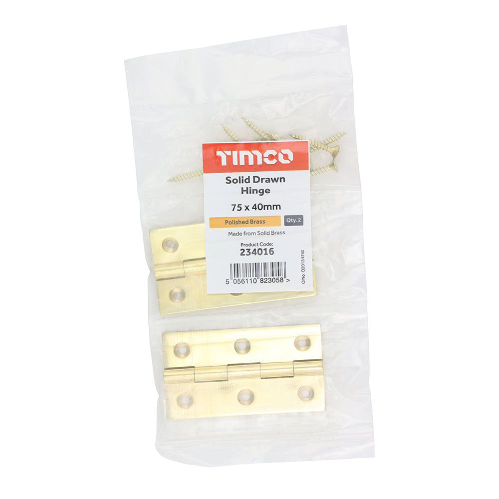 TIMCO Solid Drawn Hinge - Solid Brass - Polished Brass - 75 x 40