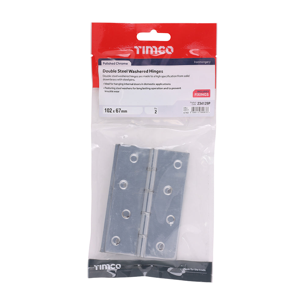 TIMCO Double Steel Washered Butt Hinge - Solid Brass - Polished Chrome - 102 x 67 - Image