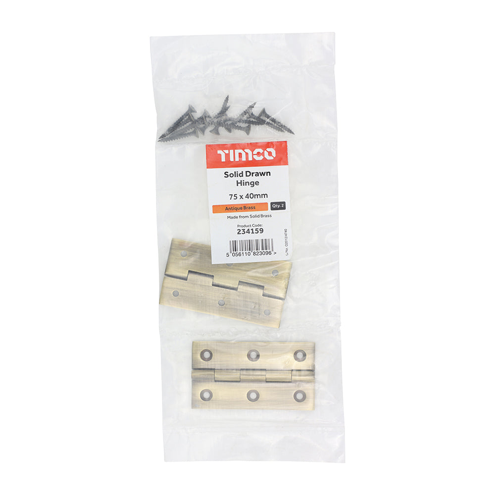 TIMCO Solid Drawn Hinge - Solid Brass - Antique Brass - 75 x 40
