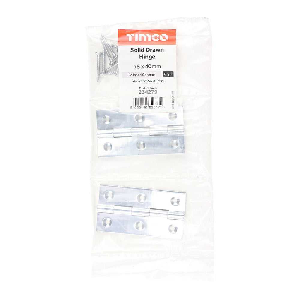 TIMCO Solid Drawn Hinge - Solid Brass - Polished Chrome - 75 x 40