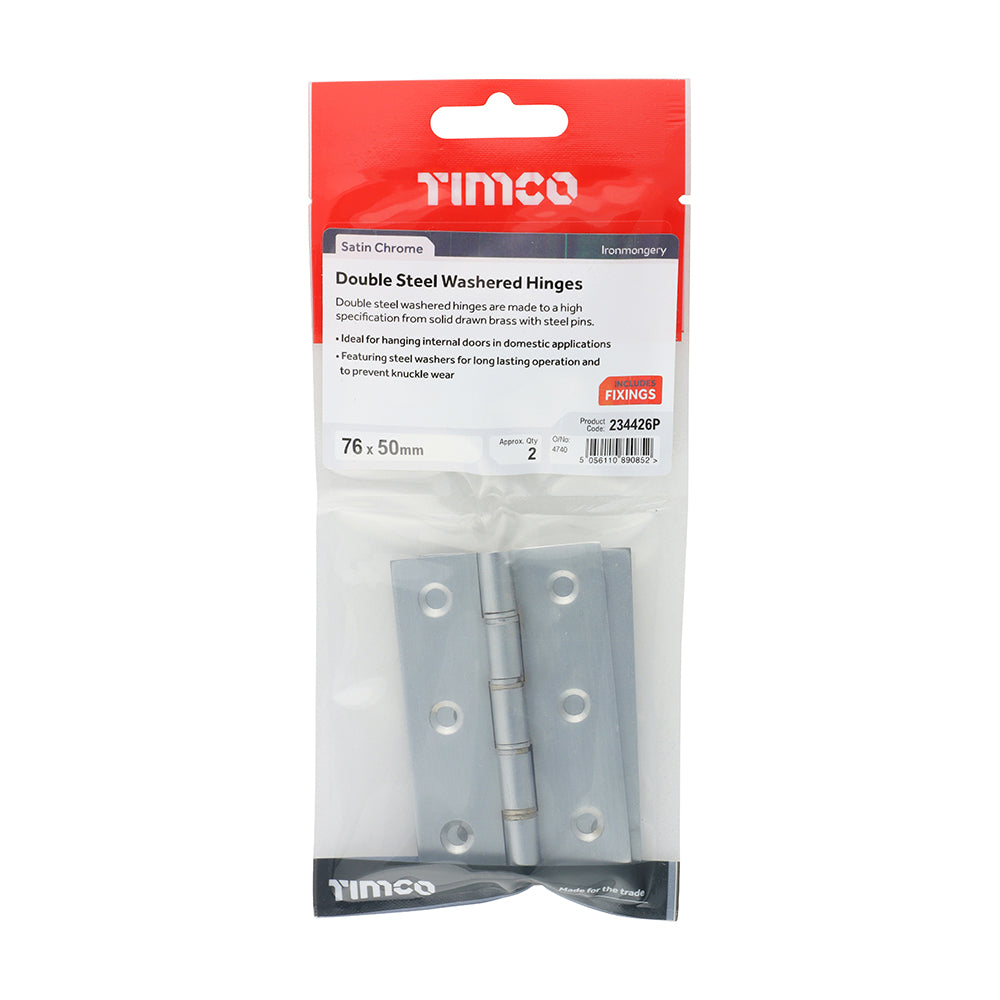 TIMCO Double Steel Washered Butt Hinge - Solid Brass - Satin Chrome - 76 x 50 - Image