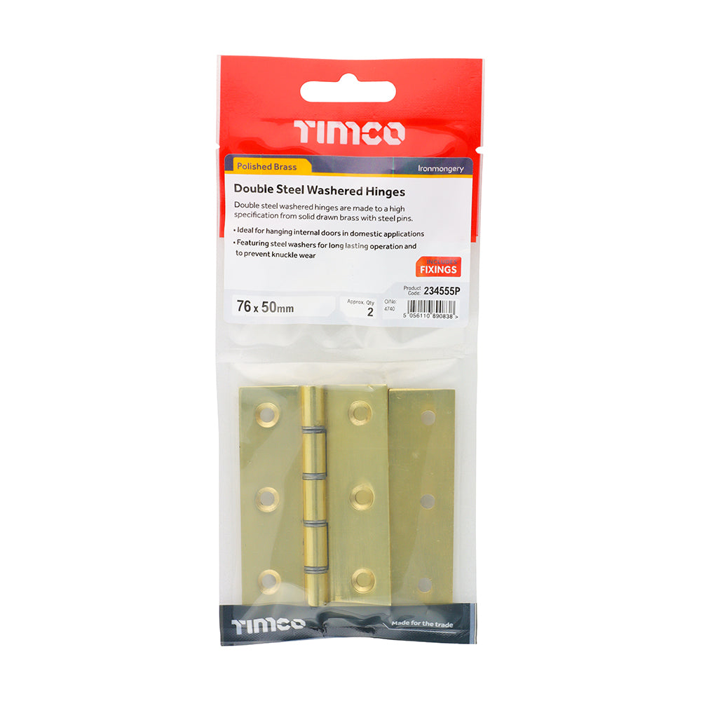 TIMCO Double Steel Washered Butt Hinge - Solid Brass - Polished Brass - 76 x 50 - Image