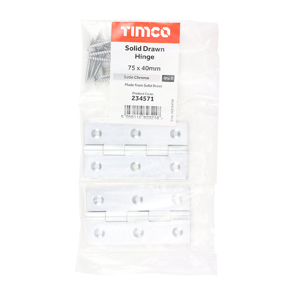 TIMCO Solid Drawn Hinge - Solid Brass - Satin Chrome - 75 x 40