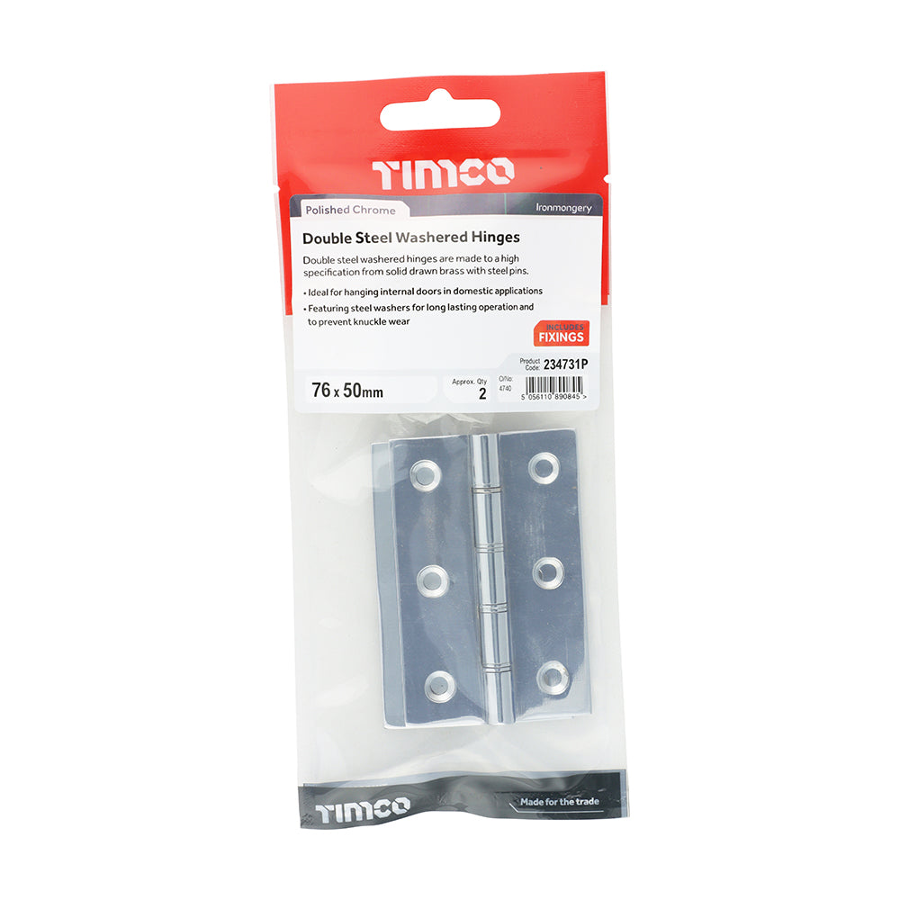 TIMCO Double Steel Washered Butt Hinge - Solid Brass - Polished Chrome - 76 x 50 - Image
