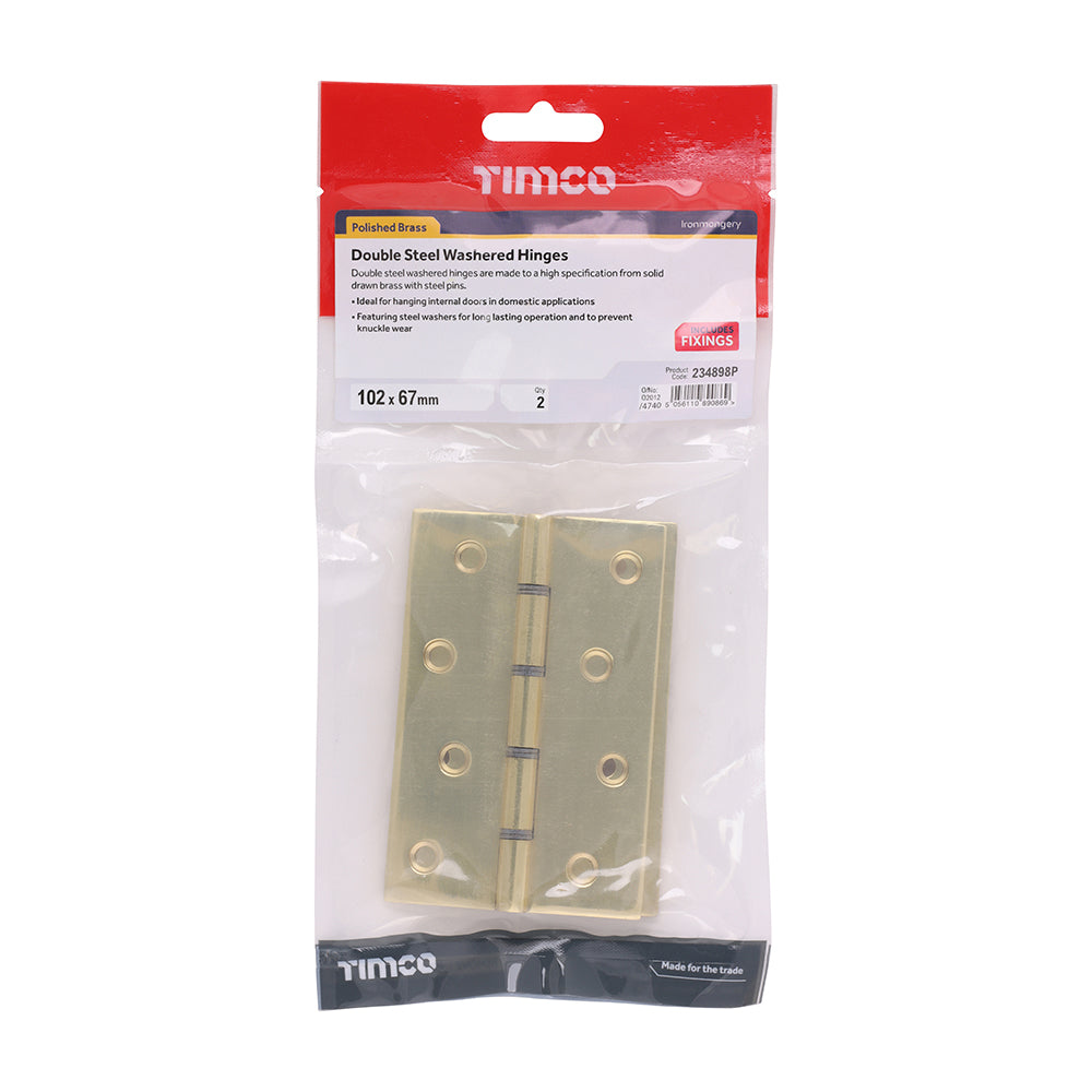 TIMCO Double Steel Washered Butt Hinge - Solid Brass - Polished Brass - 102 x 67 - Image