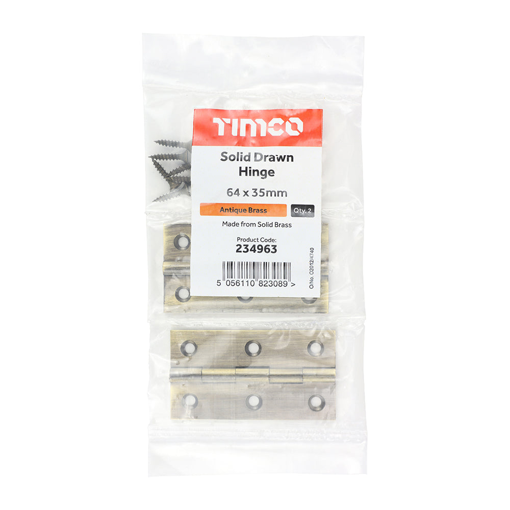 TIMCO Solid Drawn Hinge - Solid Brass - Antique Brass - 64 x 35