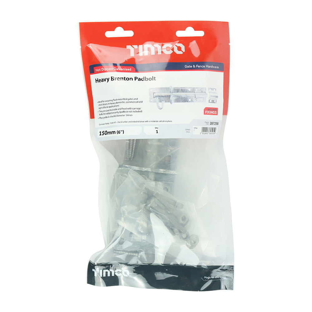 TIMCO Heavy Brenton Padbolt Hot Dipped Galvanised - 6" - Image