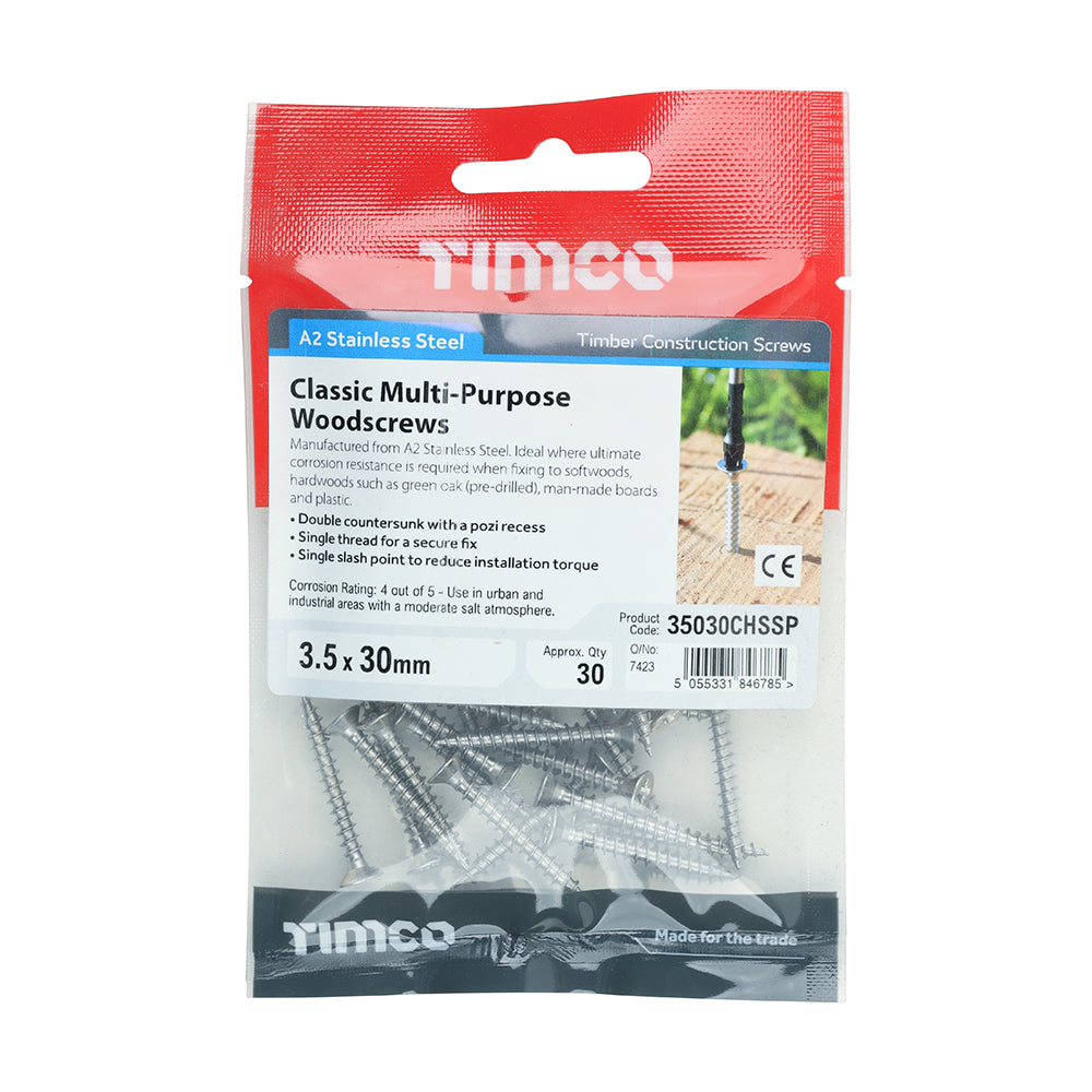 TIMCO Classic Multi-Purpose Countersunk A2 Stainless Steel Woodcrews - 3.5 x 30 - Image