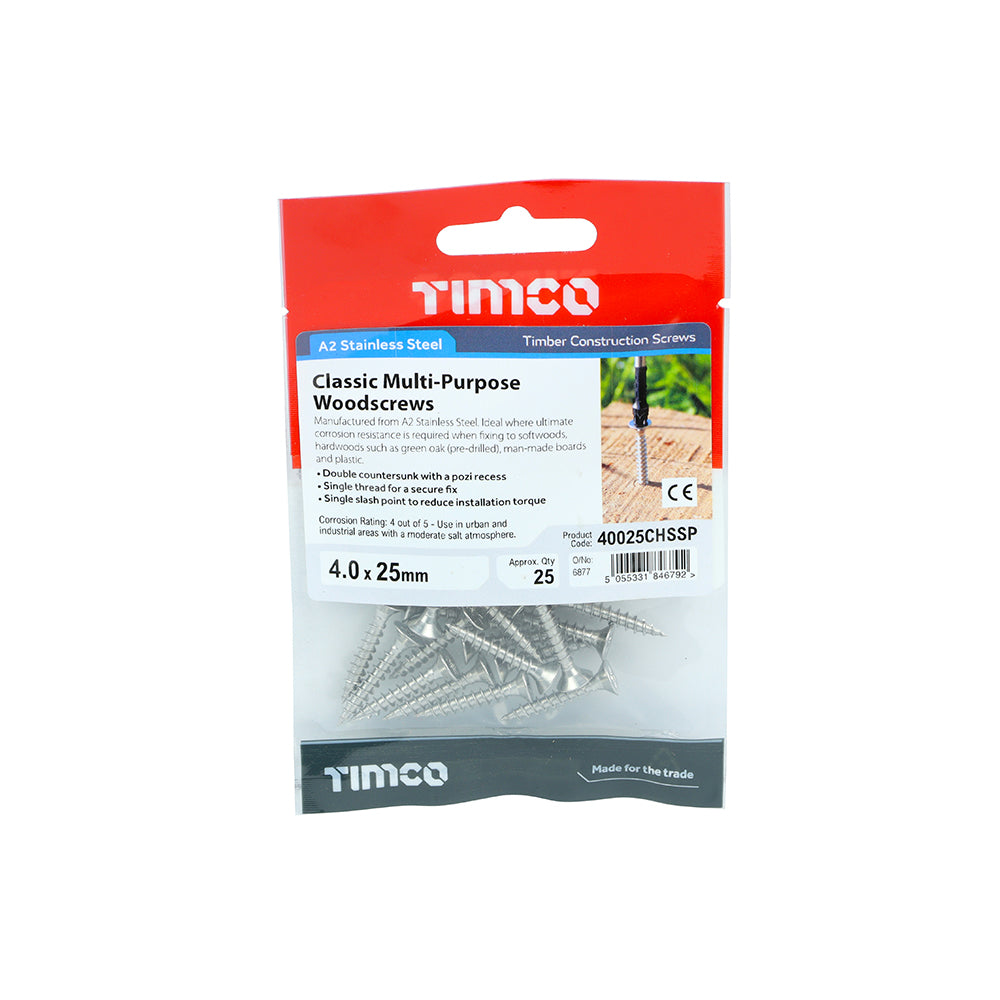 TIMCO Classic Multi-Purpose Countersunk A2 Stainless Steel Woodcrews - 4.0 x 25 - Image