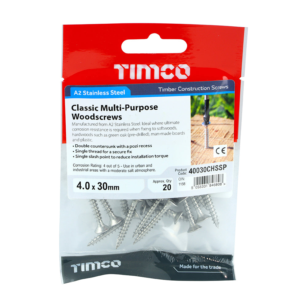 TIMCO Classic Multi-Purpose Countersunk A2 Stainless Steel Woodcrews - 4.0 x 30 - Image