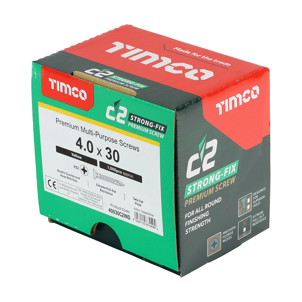 TIMCO C2 Strong-Fix Multi-Purpose Premium Countersunk Gold Woodscrews - 4.0 x 30