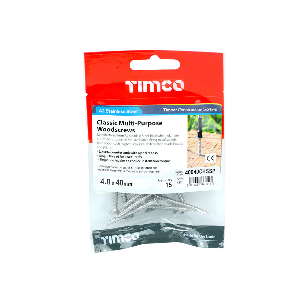TIMCO Classic Multi-Purpose Countersunk A2 Stainless Steel Woodcrews - 4.0 x 40 - Image